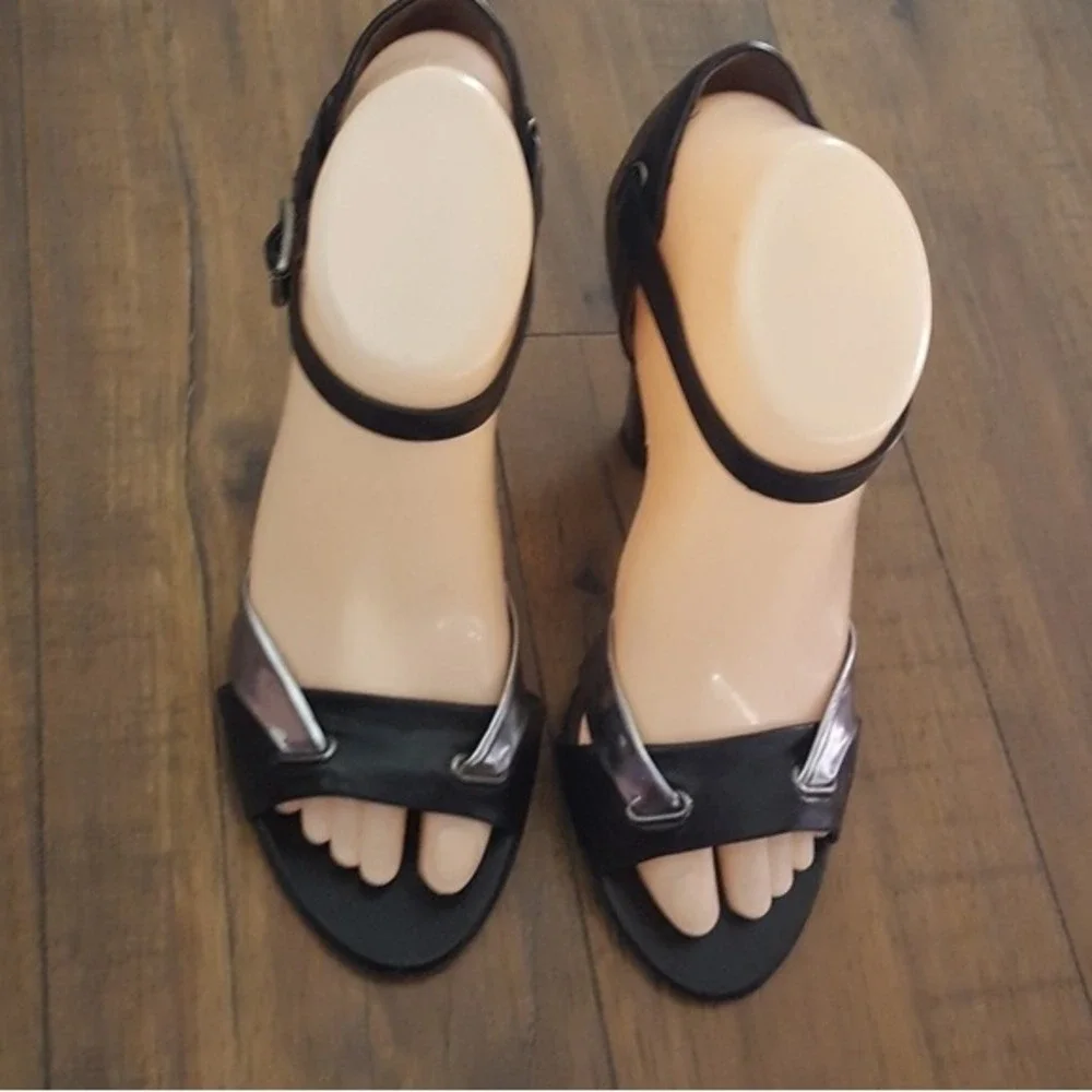 Marc by Marc Jacobs Black Silver Metallic Leather Ankle Strap Cone‎ Heels Sandal